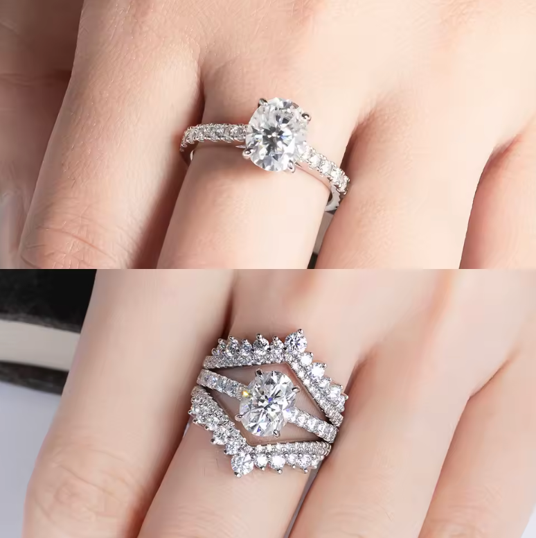 Pavé Band Oval Moissanite Solitaire Gold Plated Ring