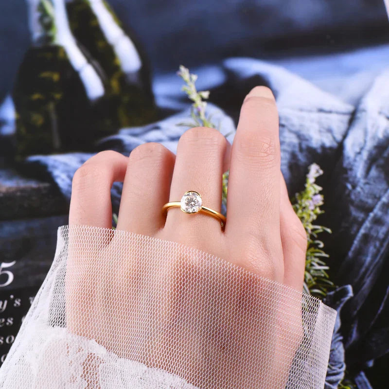 Classic Moissanite Bezel Set Gold Plated Ring